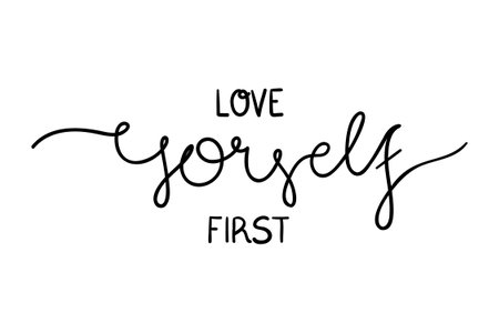 Line drawing text - Love yourself first. Minimalist vector lettering isolated on white background for banner, sticker, print, embroidery, tattoo, etc.のイラスト素材