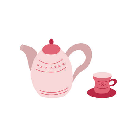 Illustration of a teapot and a cup and saucer. Simple doodle drawing. Vector isolated on white background.のイラスト素材