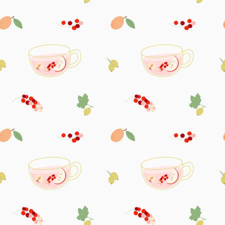 Seamless pattern with a cup of compote, apricot, red currant and gooseberry. For prints, backgrounds, wrapping paper, textile, wallpaper, etc.のイラスト素材
