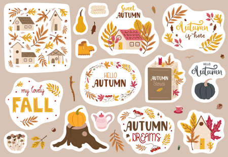 Set of autumn stickers with lettering and illustrations. Cute doodle style. Pretty autumn mood drawings. A4 proportions.のイラスト素材
