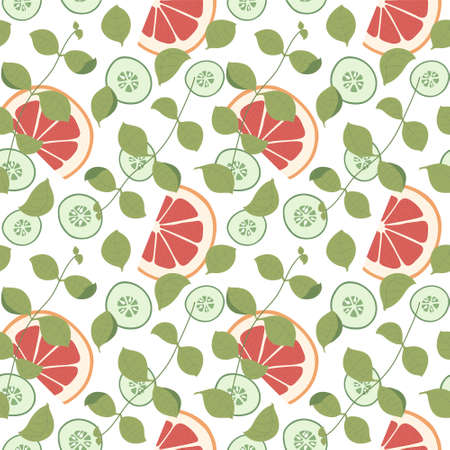 Seamless pattern with basil, cucumber slices and grapefruit slices. For prints, backgrounds, wrapping paper, textile, wallpaper, etc.のイラスト素材