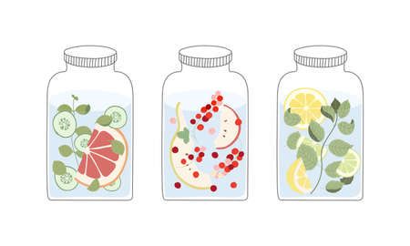 Infused water with fruits, berries, herbs and vegetables in glass jars. Detox and refreshment drink concept. Isolated vector illustration.のイラスト素材