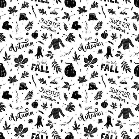 Seamless hand-drawn black and white autumn pattern with lettering, pumpkins, fallen leaves, branches and seeds. Many details. For prints, backgrounds, wrapping paper, textile, linen, wallpaper, etc.のイラスト素材