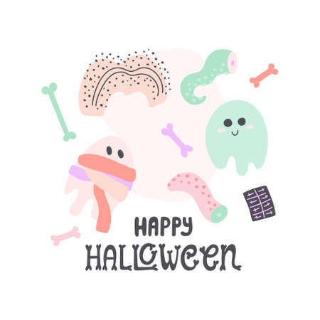 Halloween pastel concept illustration with ghost, mummy ghost, bones, severed octopus tentacle and abstract shapes. With hand-drawn lettering. Vector doodle isolated on white background.のイラスト素材