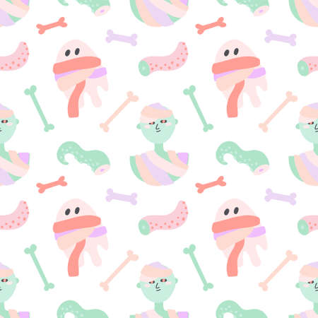 Pastel colored Halloween seamless pattern with mummy and mummy ghost doodle illustrations. For prints, backgrounds, wrapping paper, textile, linen, wallpaper, etc.のイラスト素材