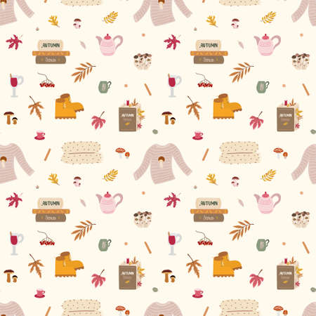 Seamless autumn pattern with books, blanket, sweater, pumpkins, boots, hot wine and fallen leaves. Bright colorful background for prints, backgrounds, wrapping paper, textile, linen, wallpaper, etc.のイラスト素材