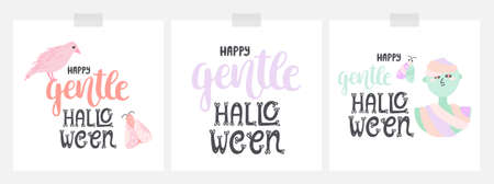 Cute and trendy Halloween card designs in pastel colors. With lettering and calligraphy, and doodle illustrations - mummy, moth, raven. Pretty and nice designs. Vector on white cards.のイラスト素材