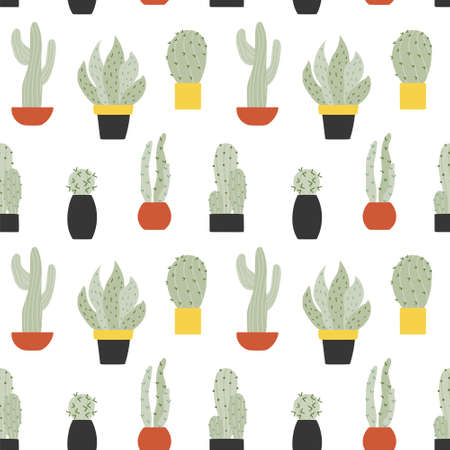 Seamless pattern with different types of cacti in pots. Doodle illustrations on white background....