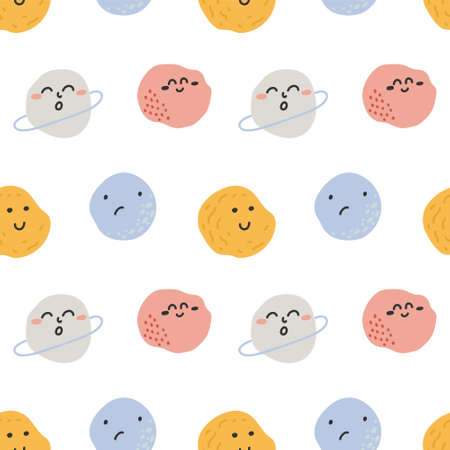 Seamless pattern with planets and moons with faces on them on white background. For prints, backgrounds, wrapping paper, textile, linen, wallpaper, etc.のイラスト素材