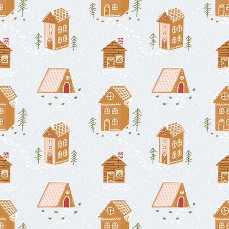 Seamless pattern with gingerbread houses, trees, snow paths and snow on blue background. For prints, backgrounds, wrapping paper, textile, linen, wallpaper, etc.のイラスト素材