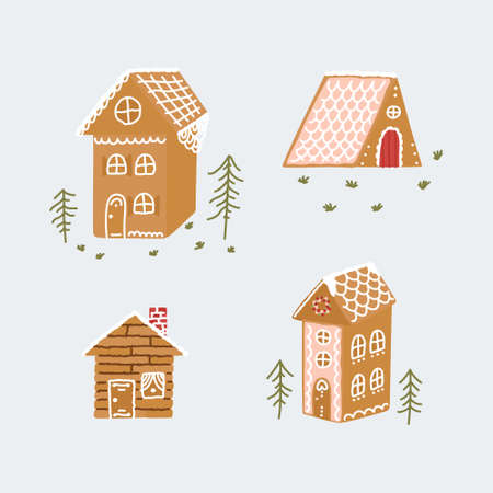 Collection of hand-drawn doodle illustrations of gingerbread houses landscape with trees. Vector clipart for Christmas decorations.のイラスト素材