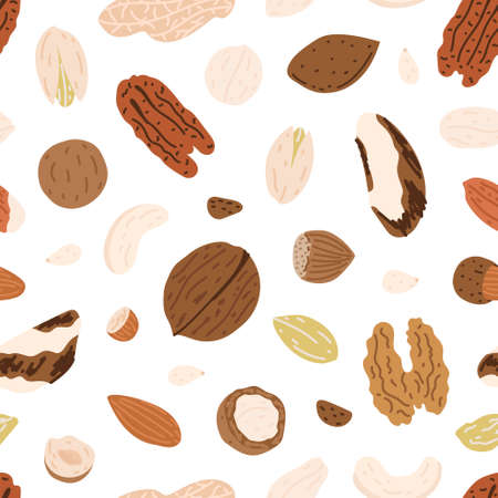 Seamless pattern with nuts on white background. Cute doodle illustrations. For prints, backgrounds, wrapping paper, textile, linen, wallpaper, etc.のイラスト素材