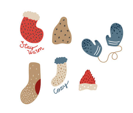 Set of cute winter objects - mittens, socks, hats. Doodle hand drawn illustrations. Vector objects isolated on white background.のイラスト素材