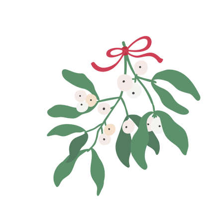 Mistletoe hand drawn illustration. Two sprigs hanging with a red bow. Christmas decoration. Cute flat vector design isolated on white background.のイラスト素材