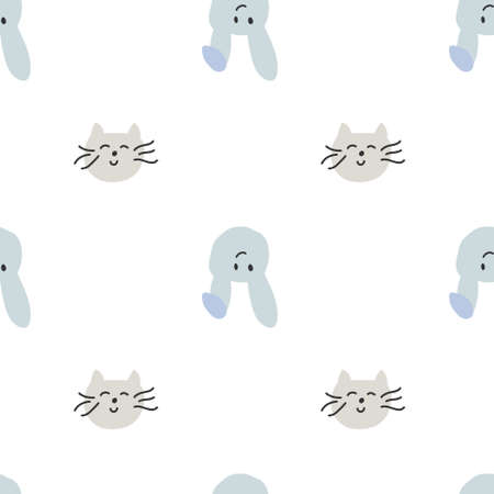Seamless pattern with primitive rabbit and cat faces on white background. For prints, backgrounds, wrapping paper, textile, linen, wallpaper, etc.のイラスト素材