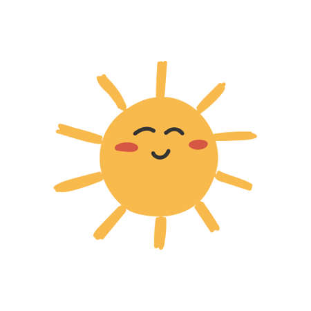 Cute hand drawn smiling sun character illustration. Pretty freehand vector drawing isolated on white background.のイラスト素材
