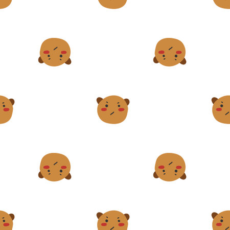 Seamless pattern with kawaii angry bear face on white background. For prints, backgrounds, wrapping paper, textile, linen, wallpaper, etc.のイラスト素材