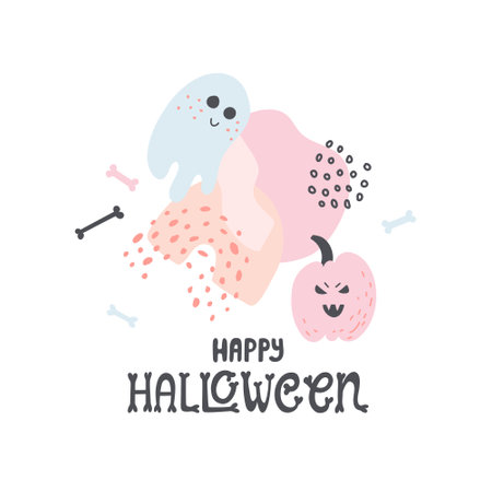 Halloween pastel pink and blue concept illustration with ghost, pumpkin and abstract shapes. With hand-drawn lettering. Vector doodle isolated on white background. For card, sticker, print.のイラスト素材