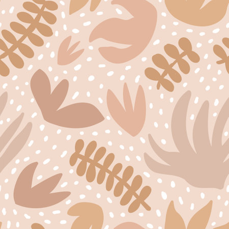 Seamless hand drawn pattern with abstract shapes, flowers and leaves. Vector background in skin tones color palette. For prints, backgrounds, wrapping paper, textile, linen, wallpaper, etc.のイラスト素材