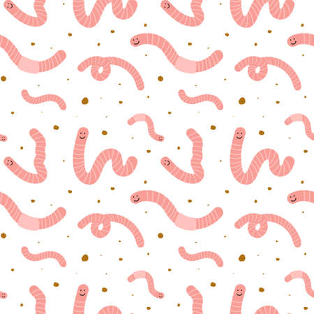 Seamless pattern with hand drawn red worms and dirt. About ecology, zero waste, vermicomposting, and sustainable household. For prints, texture, wrapping paper, etc.のイラスト素材