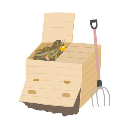 Compost box with a pitchfork. Flat vector illustrationのイラスト素材