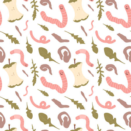 Seamless pattern with hand drawn red worms, greens, apple core and potato scraps. About ecology, zero waste, vermicomposting, and sustainable household. For prints, texture, wrapping paper, etc.のイラスト素材