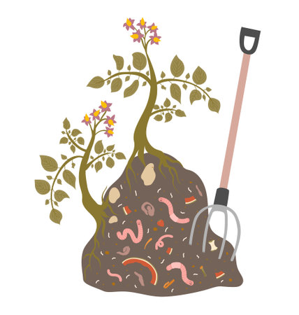 Illustration of compost heap with potato bushes, pitchfork, red worms, food leftovers. Art about farming, gardening, ecology, zero waste and sustainable household for posters, card, t-shirts.のイラスト素材