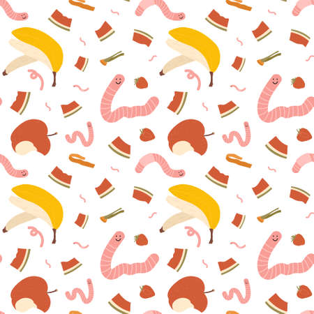 Seamless pattern with hand drawn red worms, apple core, banana and watermelon skin. About ecology, zero waste, vermicomposting, and sustainable household. For prints, texture, wrapping paper, etc.のイラスト素材