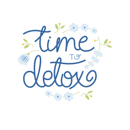 Time to detox - hand-drawn lettering with floral decoration. Detox, refreshment and health concept. Pretty design for menu, cup, sticker, etc.のイラスト素材