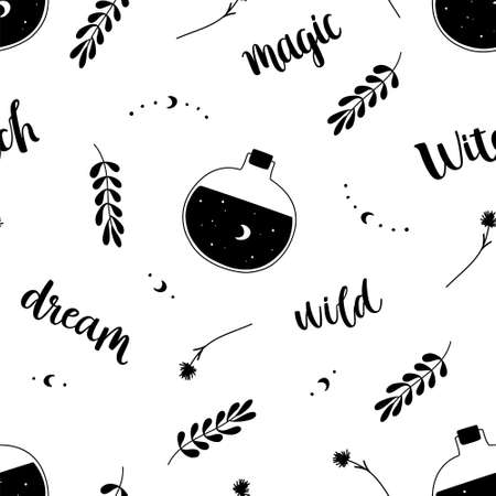 Black and white seamless pattern with brush lettering, leaves and magic potion bottle. For prints, backgrounds, wrapping paper, textile, linen, wallpaper, etc.のイラスト素材