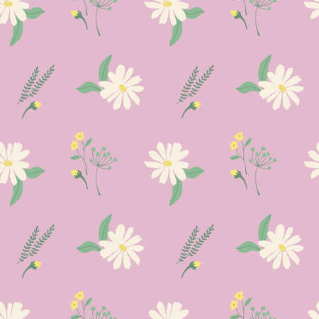 Seamless pattern with modern chamomile flowers and leaves flat illustrations on pink background. For prints, backgrounds, wrapping paper, textile, linen, wallpaper, etc.のイラスト素材