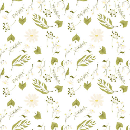 Seamless pattern with modern chamomile flowers and leaves flat illustrations on white background. For prints, backgrounds, wrapping paper, textile, linen, wallpaper, etc.のイラスト素材