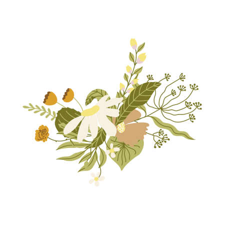 Modern floral bouquet flat illustration. Hand drawn chamomile flower, branches with abstract flowers and leaves. Vector illustration isolated on white background.のイラスト素材