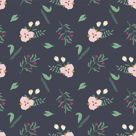 Seamless pattern with modern abstract flowers and leaves flat illustrations on black background. For prints, backgrounds, wrapping paper, textile, linen, wallpaper, etc.のイラスト素材