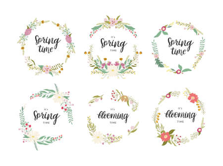 Set of floral wreath made of abstract flowers and leaves. Pretty elegant flat illustrations. Vector decorations isolated on white. Abstract illustrations inspired by wild meadow.のイラスト素材