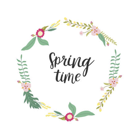 Floral wreath made of abstract flowers and leaves. Pretty elegant flat organic illustrations. With hand drawn brush calligraphy - Spring time. Vector decoration isolated on white.のイラスト素材