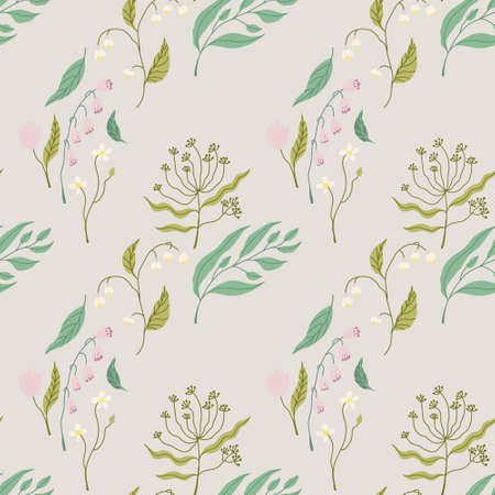 Seamless pattern with abstract modern flowers and leaves on gray background. For prints, backgrounds, wrapping paper, textile, linen, wallpaper, etc.のイラスト素材