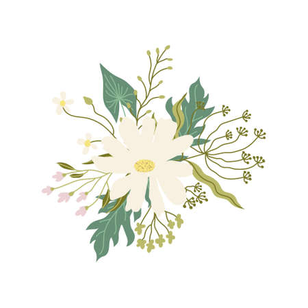 Modern floral bouquet flat illustration. Hand drawn chamomile flower, branches with abstract flowers and leaves. Vector illustration isolated on white background. Gentle and elegant decoration.のイラスト素材