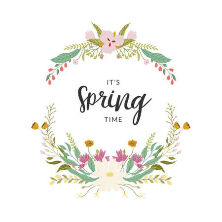 Floral wreath made of abstract flowers and leaves. Pretty elegant flat illustrations. Vector decoration isolated on white. With hand drawn brush calligraphy - Spring.のイラスト素材