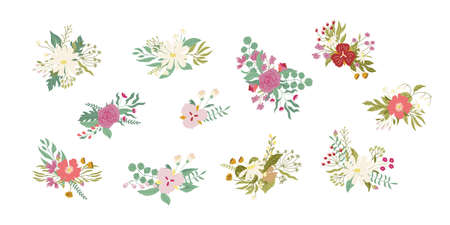 Set of pretty floral bouquets decorations. Modern flat hand drawn illustrations. Abstract flowers inspired by wild meadow. Vector compositions isolated on white background.のイラスト素材