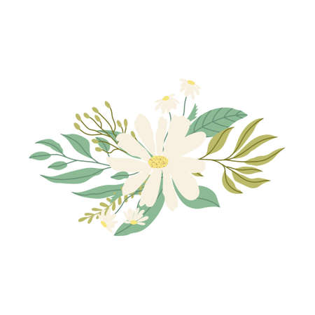 Modern floral bouquet flat illustration. Hand drawn chamomile flower, branches with leaves. Vector illustration isolated on white background. Gentle and elegant decoration.のイラスト素材