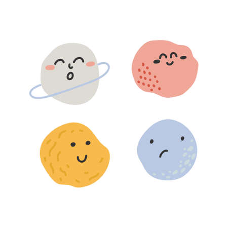 Set of cute minimalist planet and moon faces. Freehand simple vector drawings isolated on white background.のイラスト素材