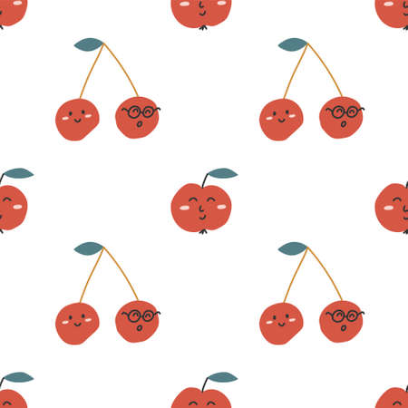 Seamless pattern with cherry and apple with faces on them on white background. For prints, backgrounds, wrapping paper, textile, linen, wallpaper, etc.のイラスト素材