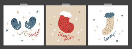 Vector winter square cards with cartoon illustrations - socks, mittens, mono line inscriptions.のイラスト素材