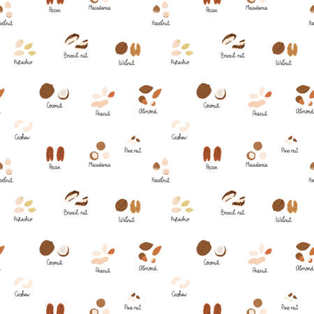 Seamless pattern with nuts on white background and inscriptions. Cute doodle illustrations. Perfect for wrapping paper, etc.のイラスト素材