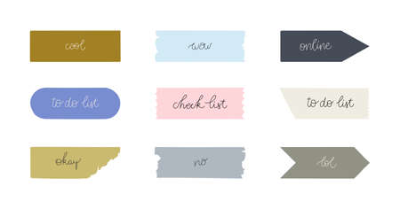 Collection of pieces of washi tape with cursive monoline text. Vector isolated on white background.のイラスト素材