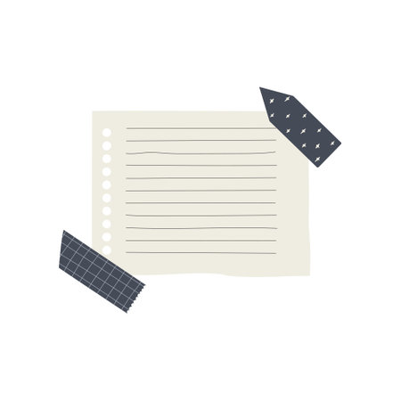 Sheet of lined paper with pieces of washi tape. Vector isolated on white background.のイラスト素材
