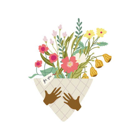 Floral bouquet in craft paper with hands. Hand drawn flat illustration. Vector isolated on white background.のイラスト素材