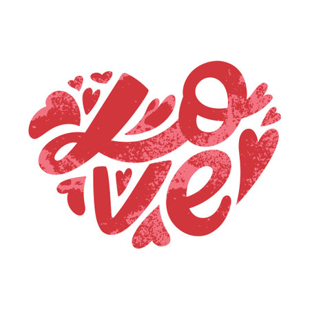 Hand drawn lettering - Love - making a heart. Pretty decoration with texture. Flat vector illustration isolated on white background.のイラスト素材