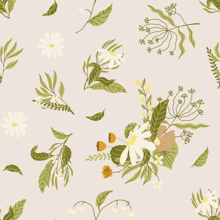 Seamless pattern with abstract floral branches. Vintage and elegant background. Vector flat illustrations.のイラスト素材
